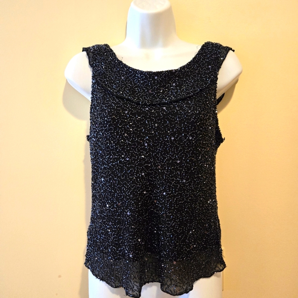 NWOT, Scala Black Beaded Silk Top with Ruffle, Formal, Party, Holiday, Size L - Picture 8 of 16